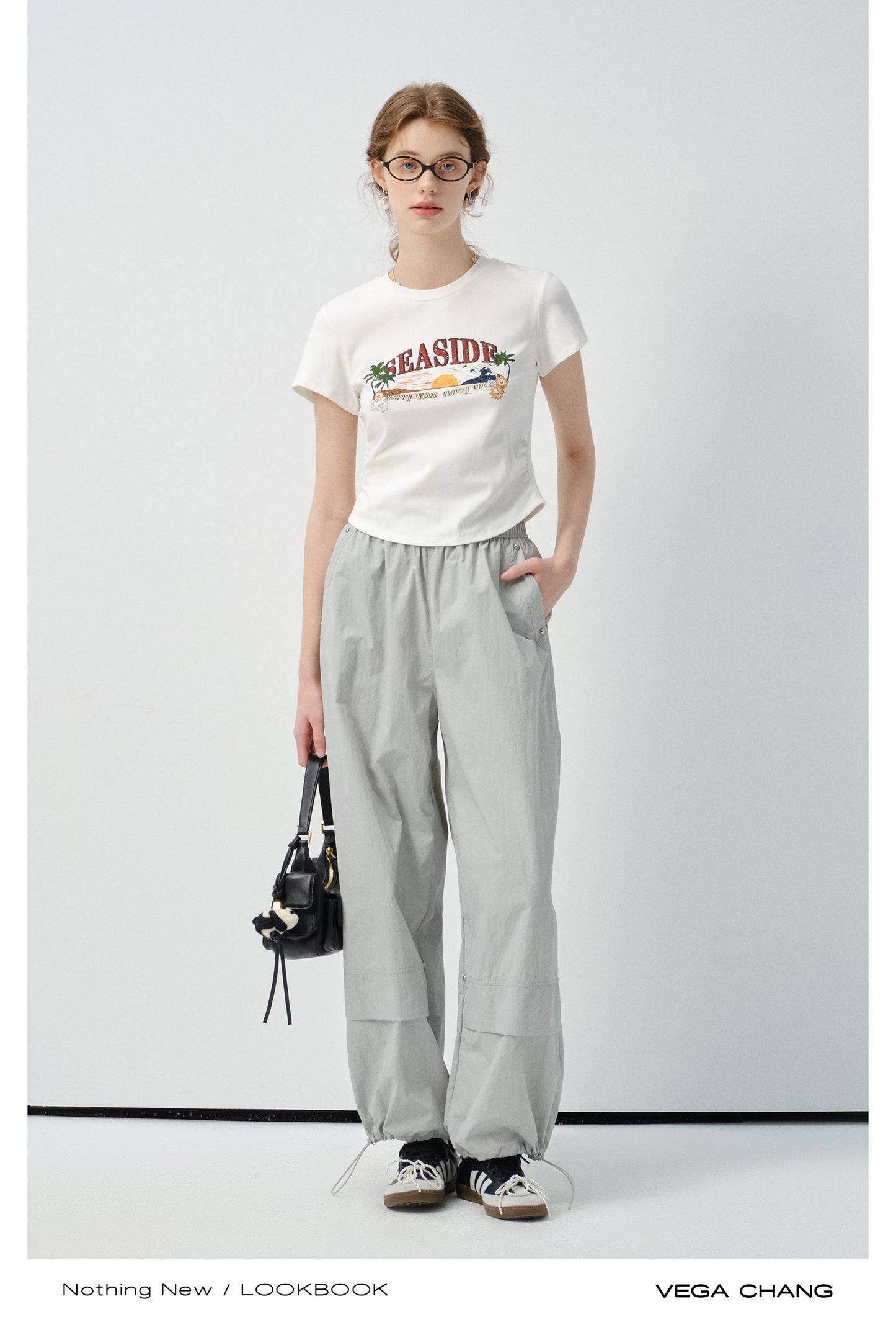 Round Hem Printed T-Shirt And Drawstring Nylon Pants