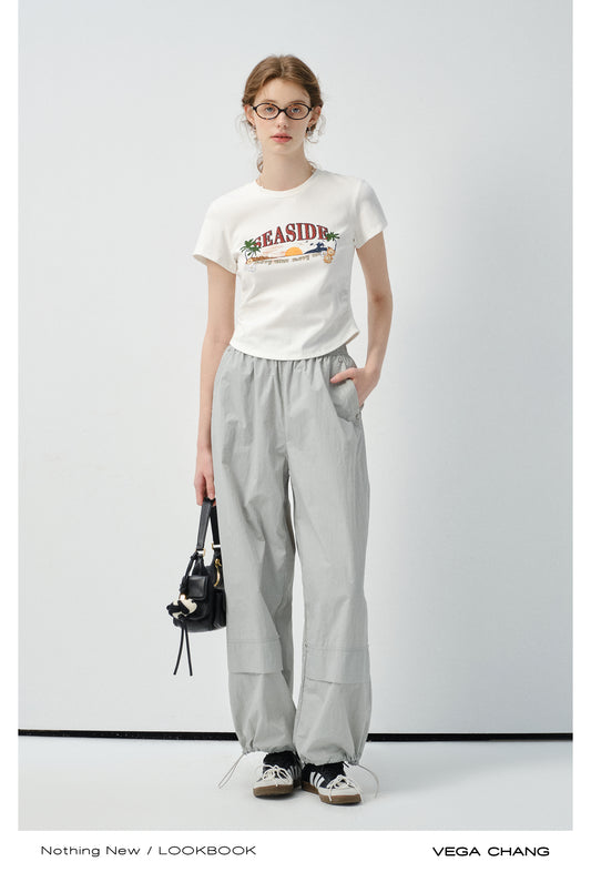 Round Hem Printed T-Shirt And Drawstring Nylon Pants