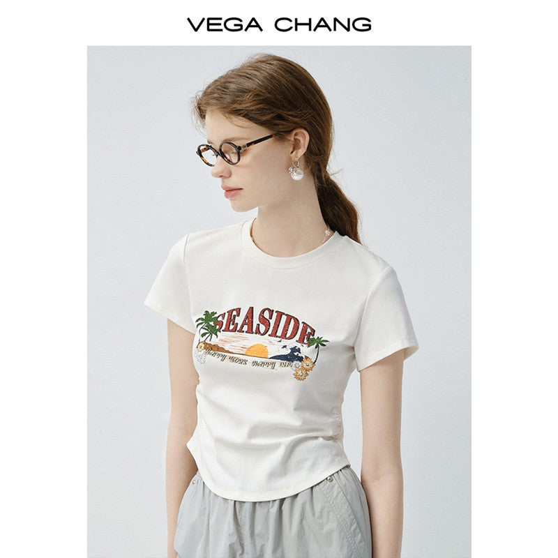Round Hem Printed T-Shirt And Drawstring Nylon Pants