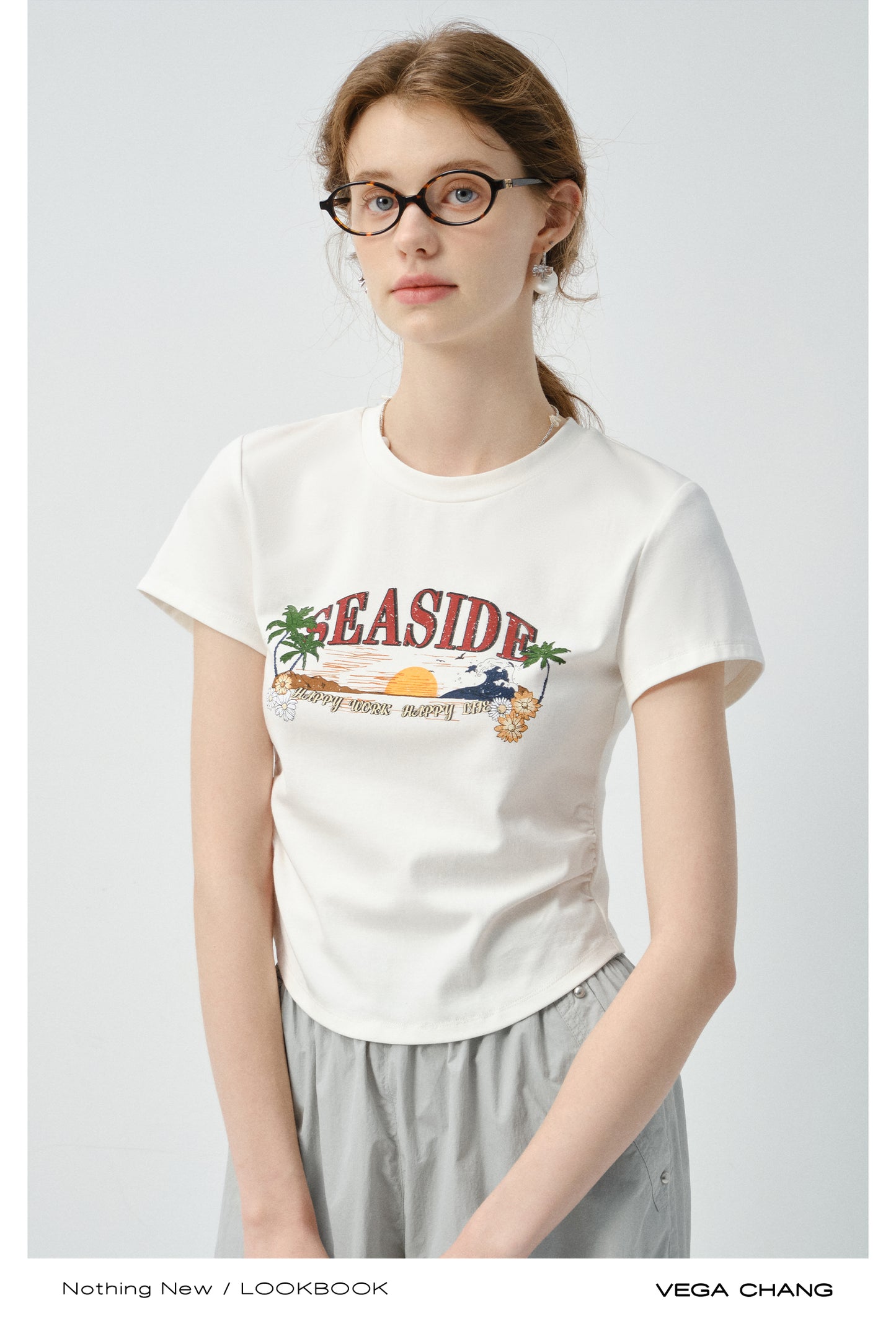 Round Hem Printed T-Shirt And Drawstring Nylon Pants