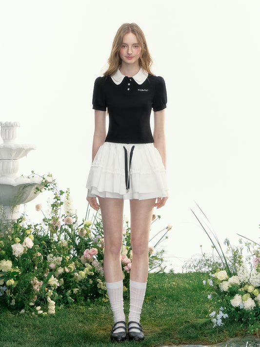 Contrast Color Puff-Sleeve Double Collar Polo Shirt