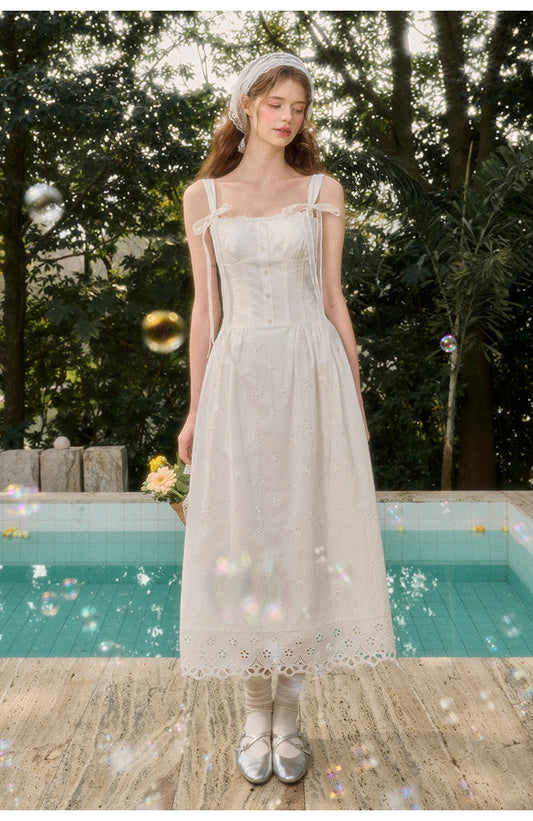 Cotton Eyelet Embroidered Dress With Ribbon Straps
