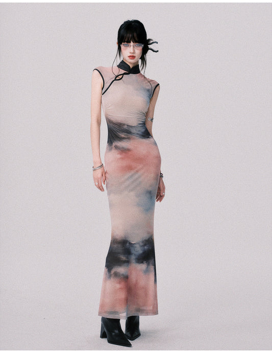 Qipao-Style Gradient Print Dress