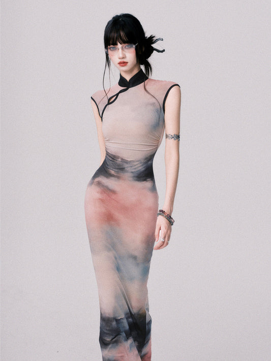 Qipao-Style Gradient Print Dress