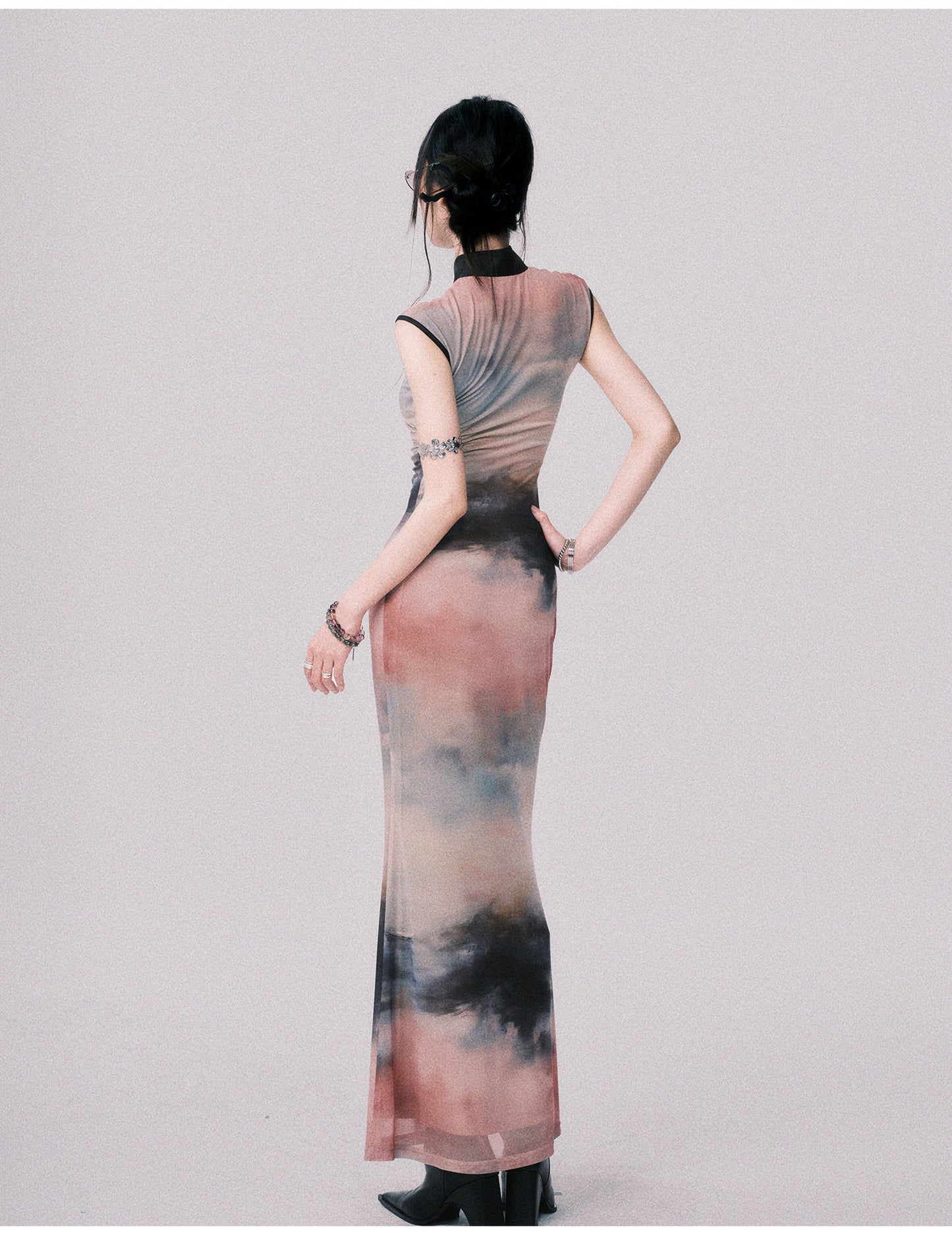 Qipao-Style Gradient Print Dress