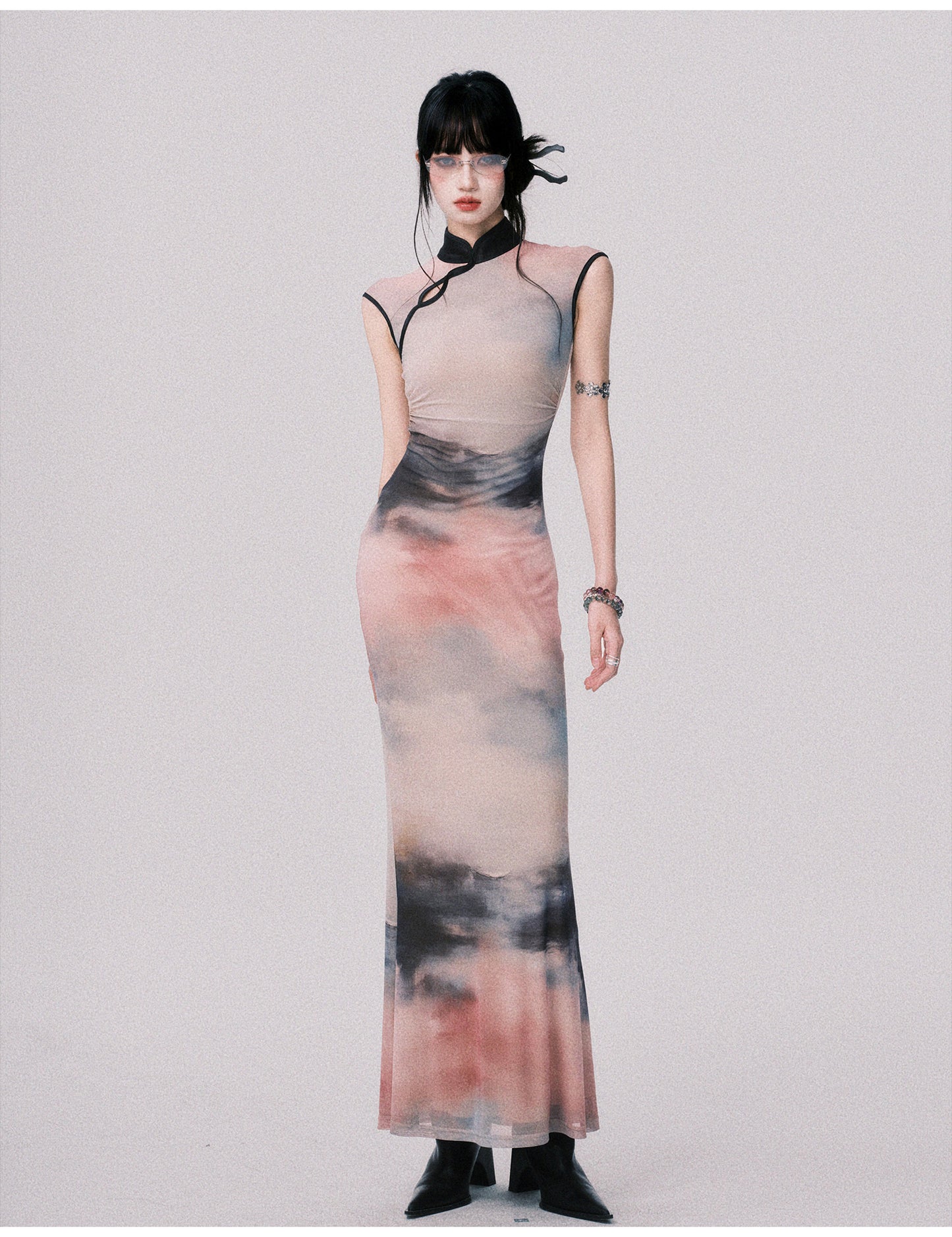 Qipao-Style Gradient Print Dress