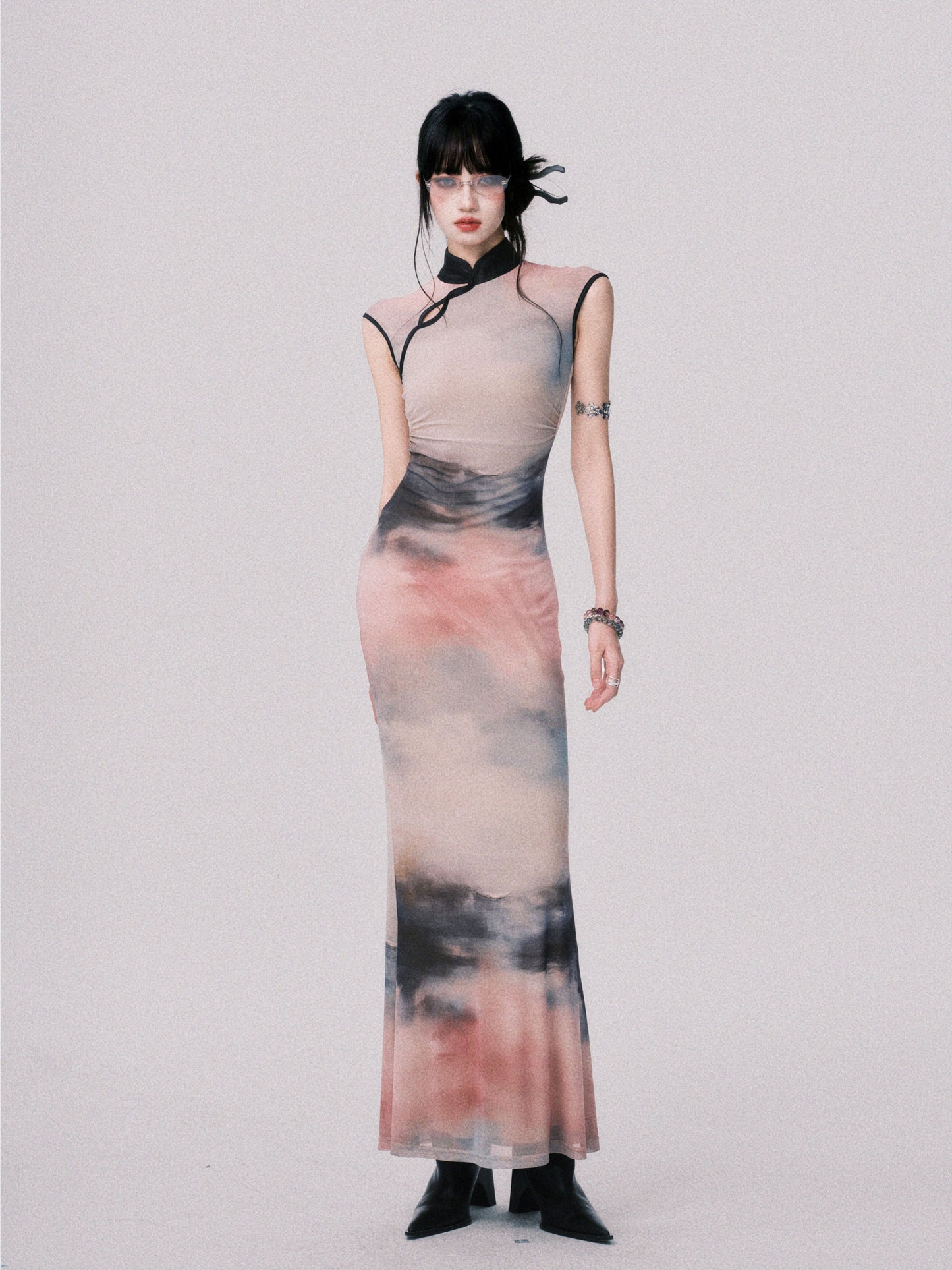 Qipao-Style Gradient Print Dress