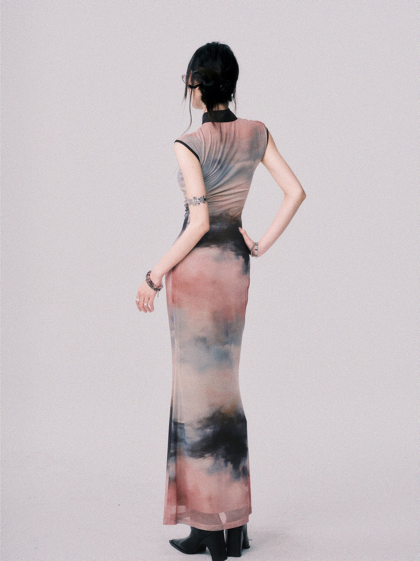 Qipao-Style Gradient Print Dress