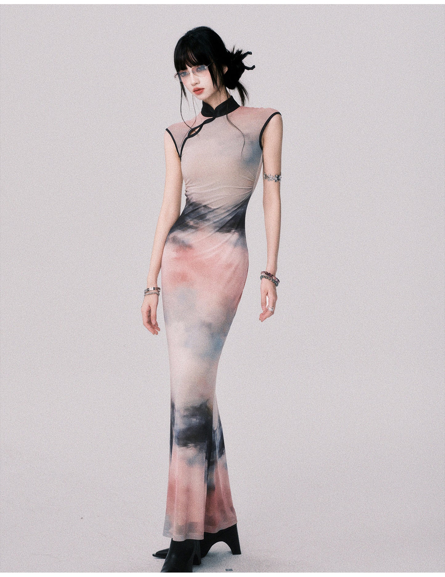 Qipao-Style Gradient Print Dress