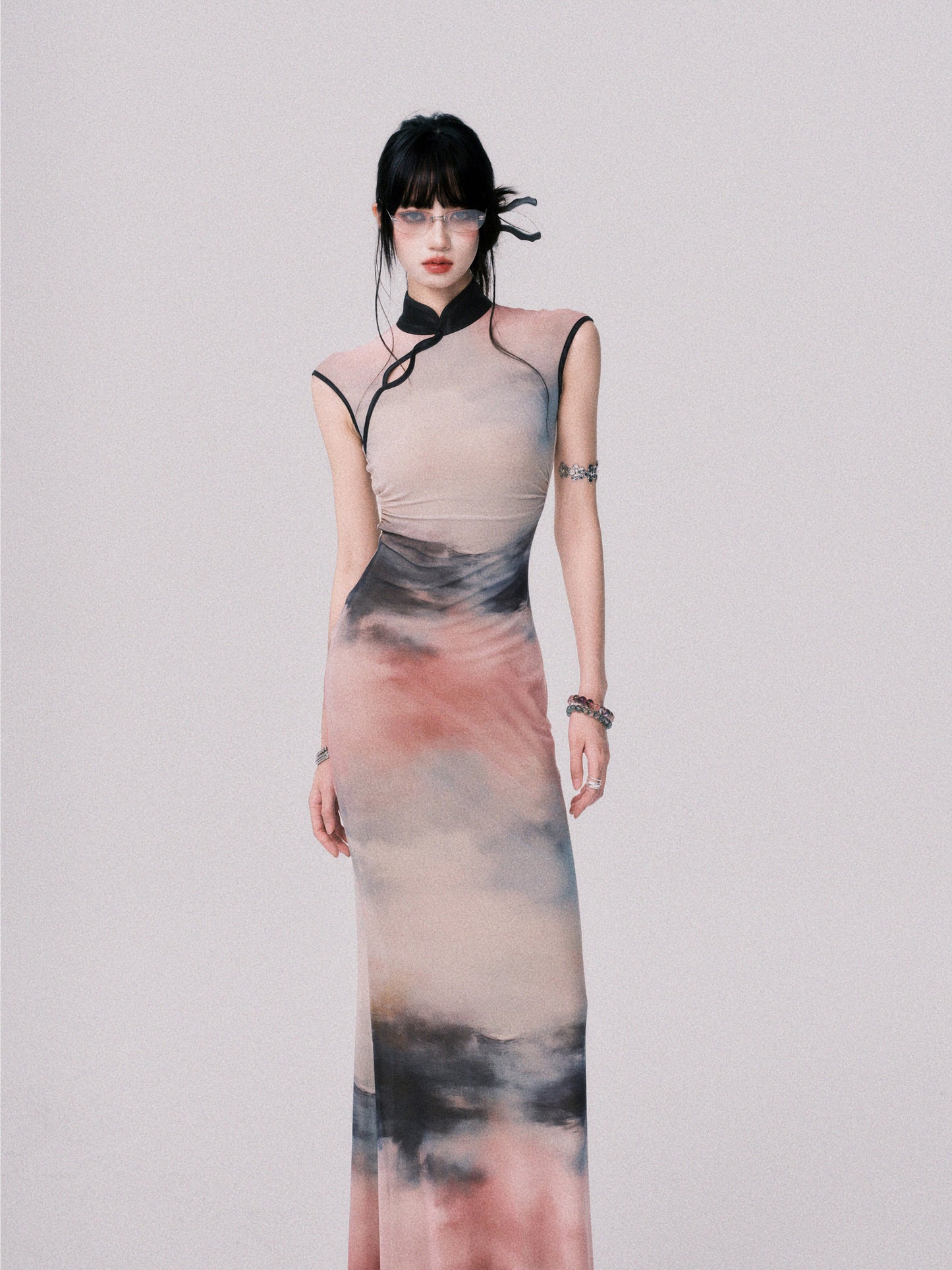 Qipao-Style Gradient Print Dress