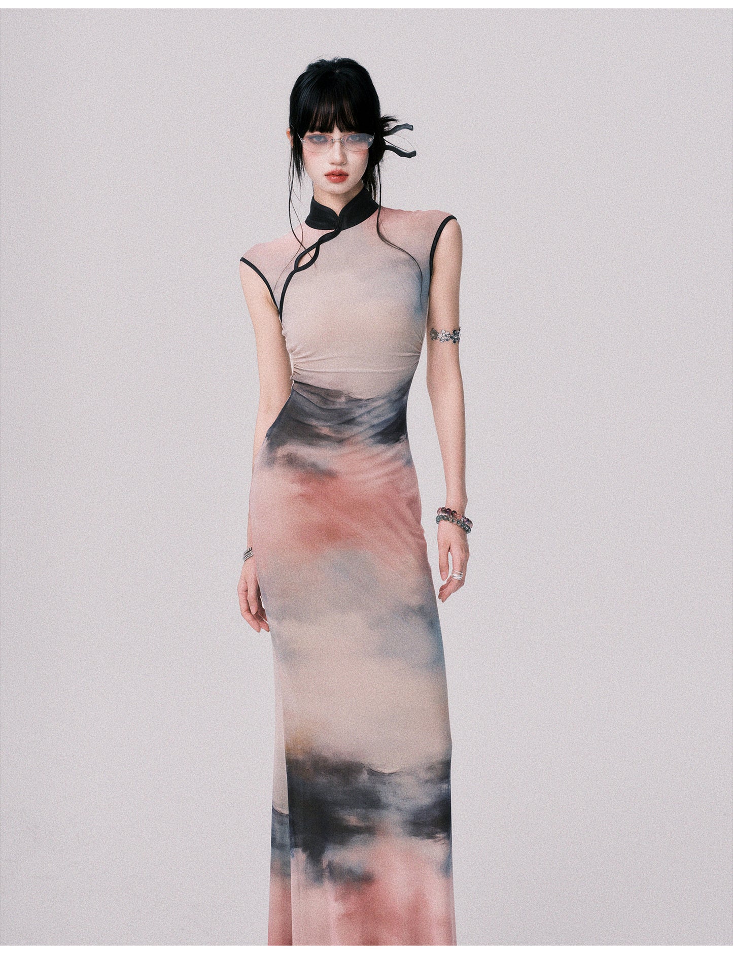 Qipao-Style Gradient Print Dress