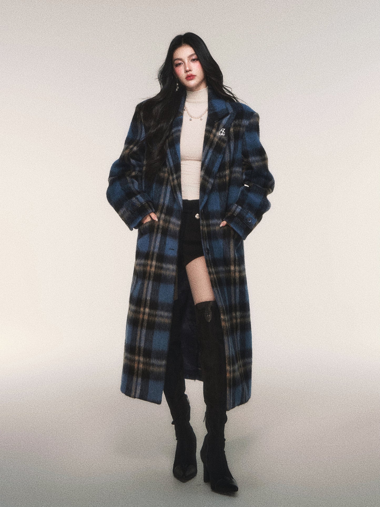 Classic Plaid Wool Blend Long Coat
