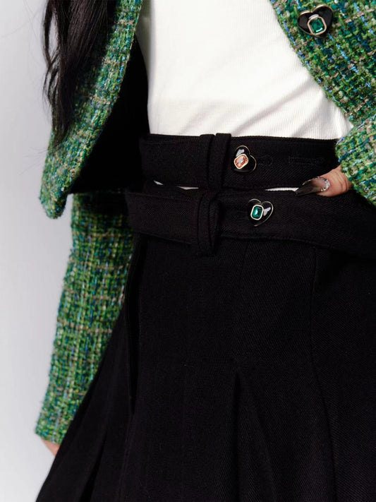 Pleated Skirt With Bijou-Button Double Belt