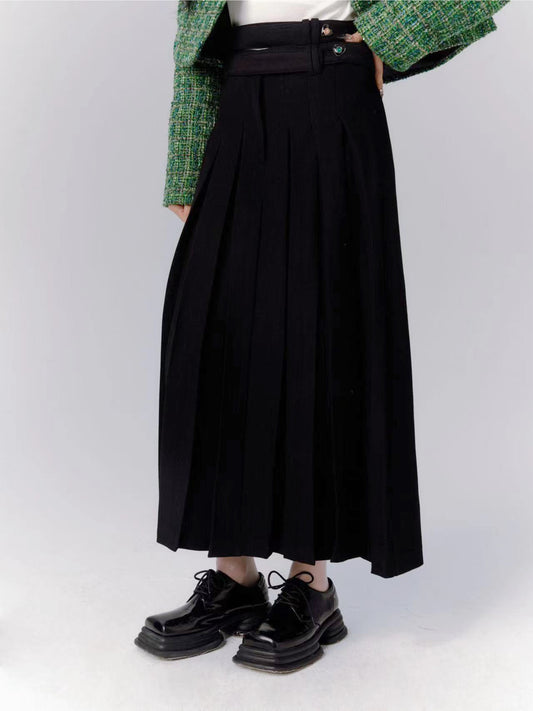 Pleated Skirt With Bijou-Button Double Belt