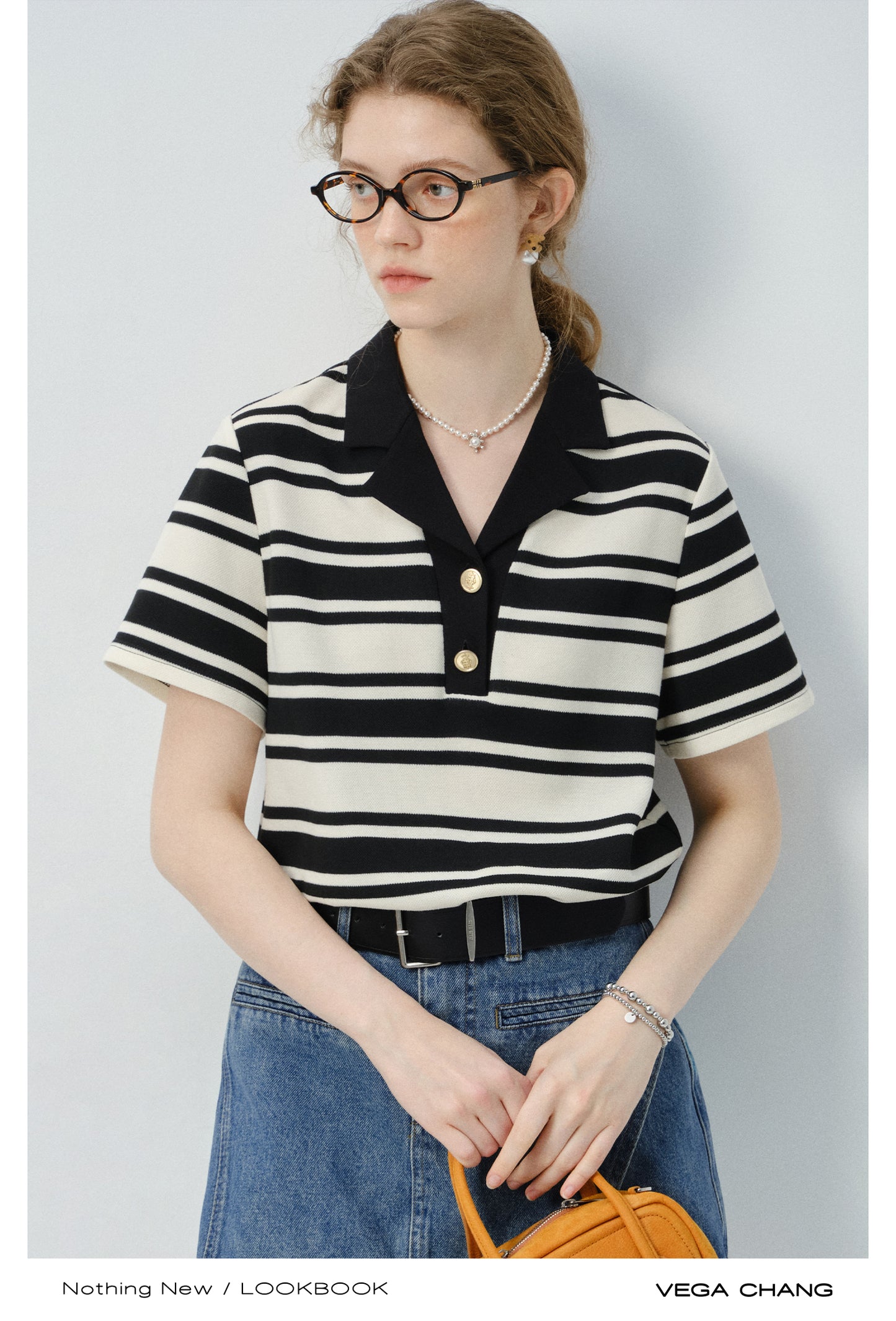 Half-Button Open Collar Striped Shirt