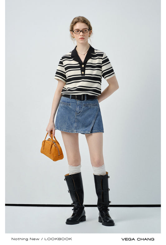 Half-Button Open Collar Striped Shirt