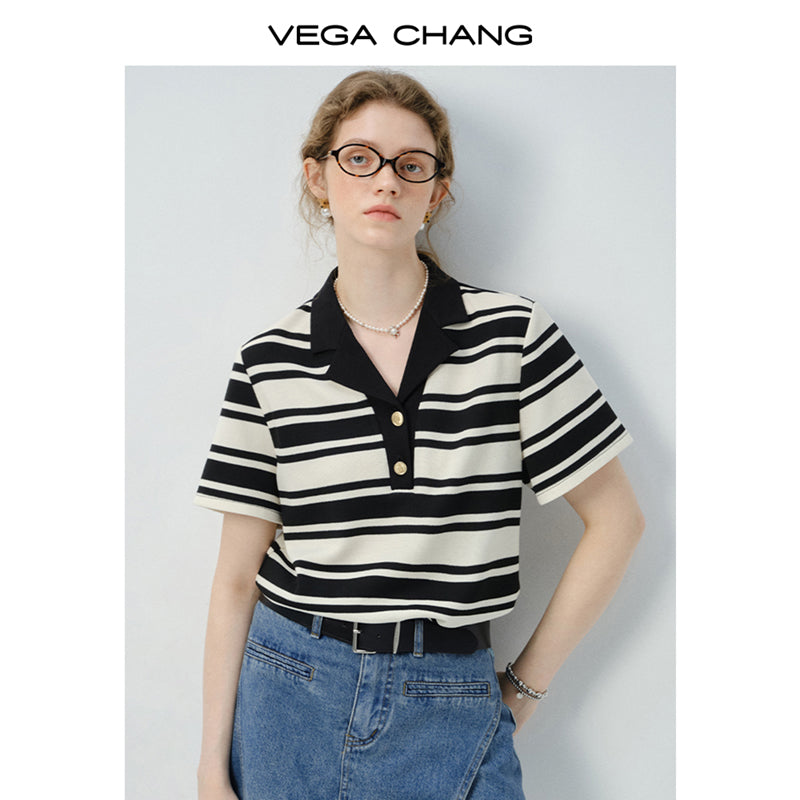 Half-Button Open Collar Striped Shirt