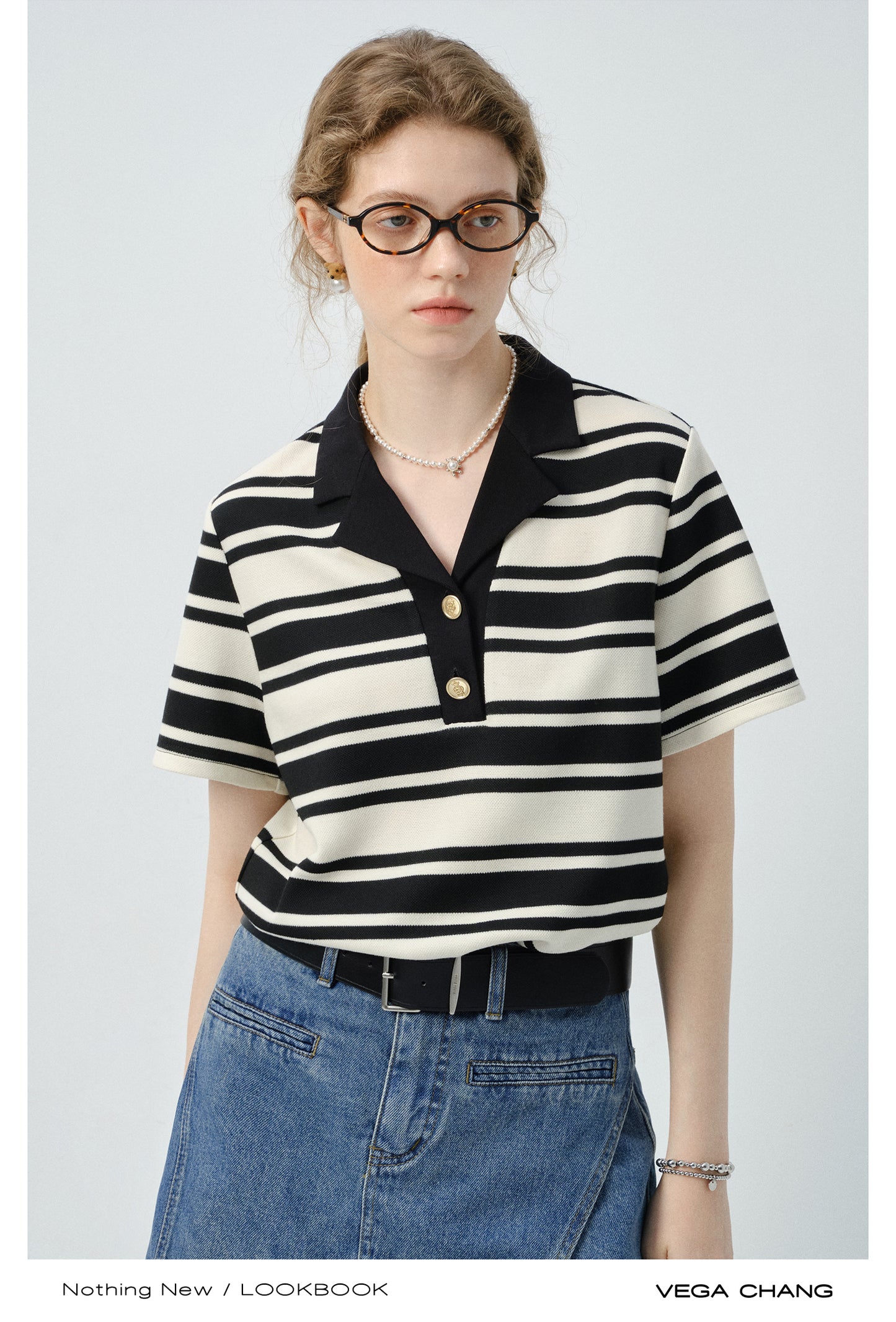 Half-Button Open Collar Striped Shirt