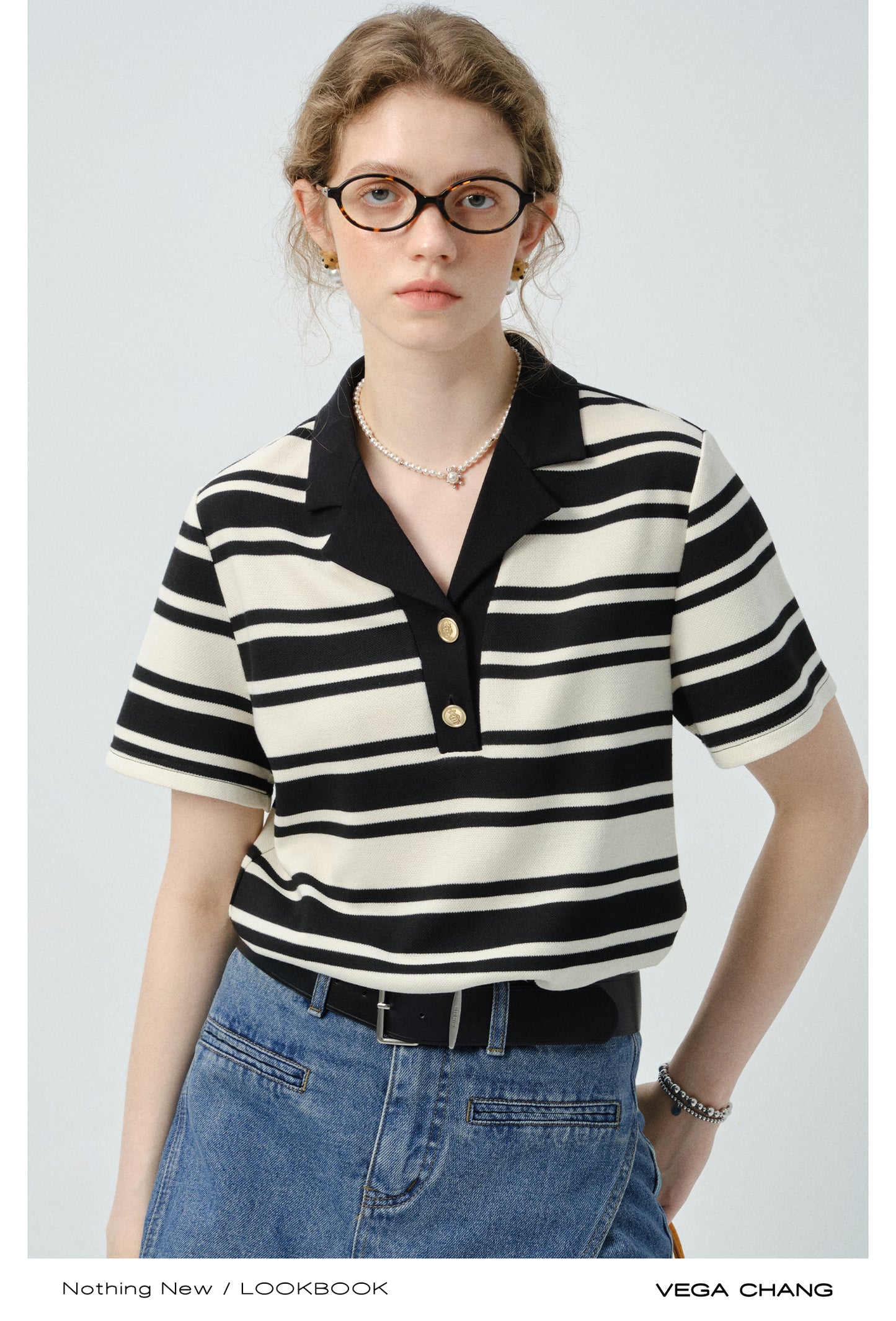 Half-Button Open Collar Striped Shirt