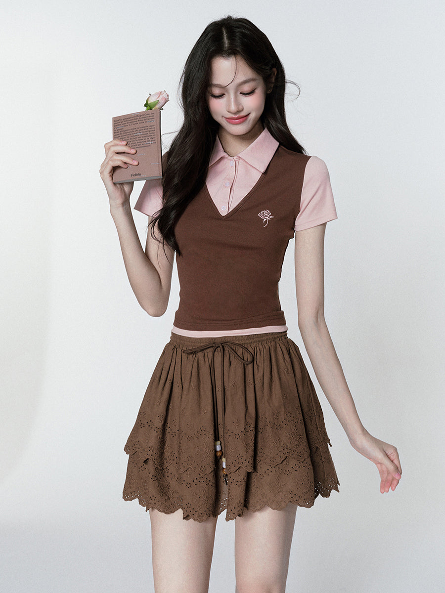 Rose-Embroidered Layered-Look Polo Shirt