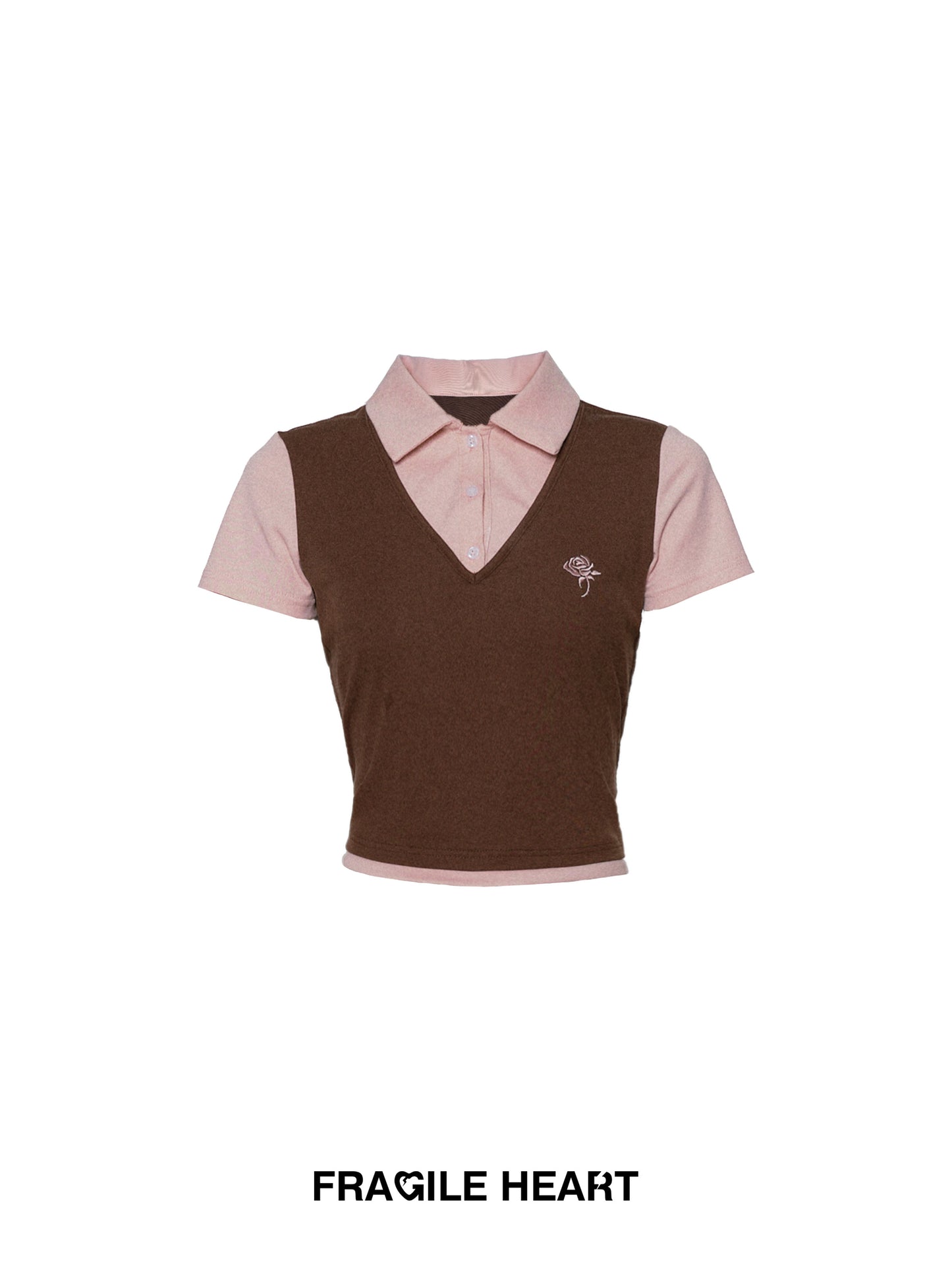 Rose-Embroidered Layered-Look Polo Shirt