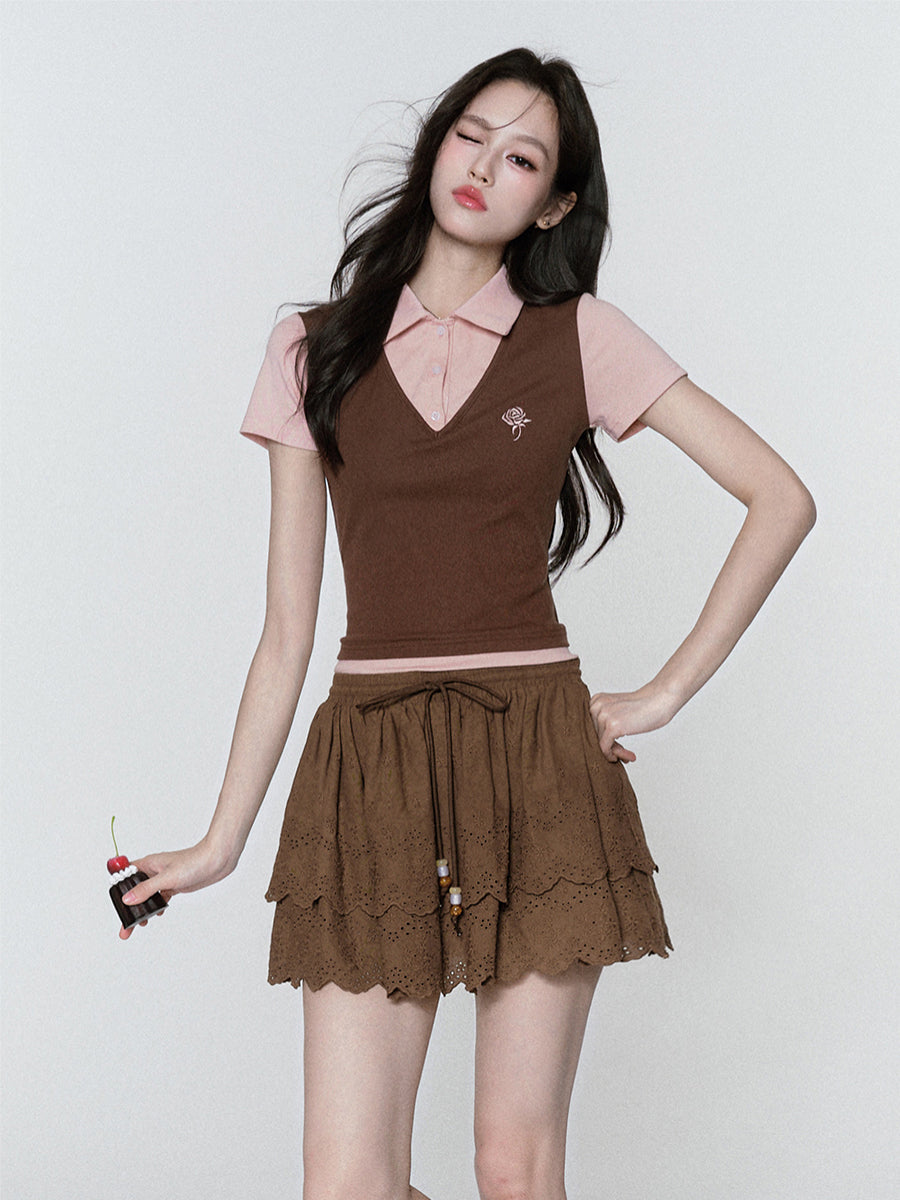 Rose-Embroidered Layered-Look Polo Shirt