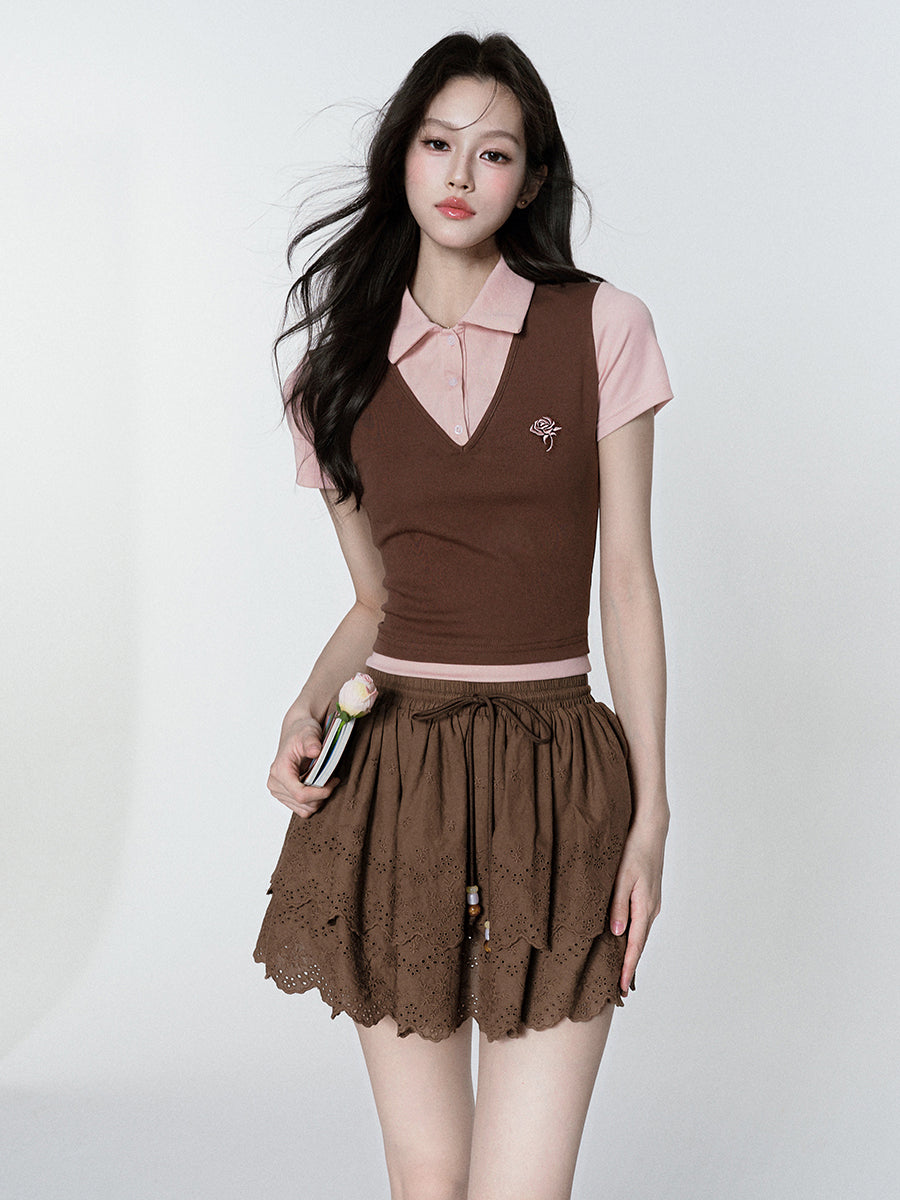 Rose-Embroidered Layered-Look Polo Shirt