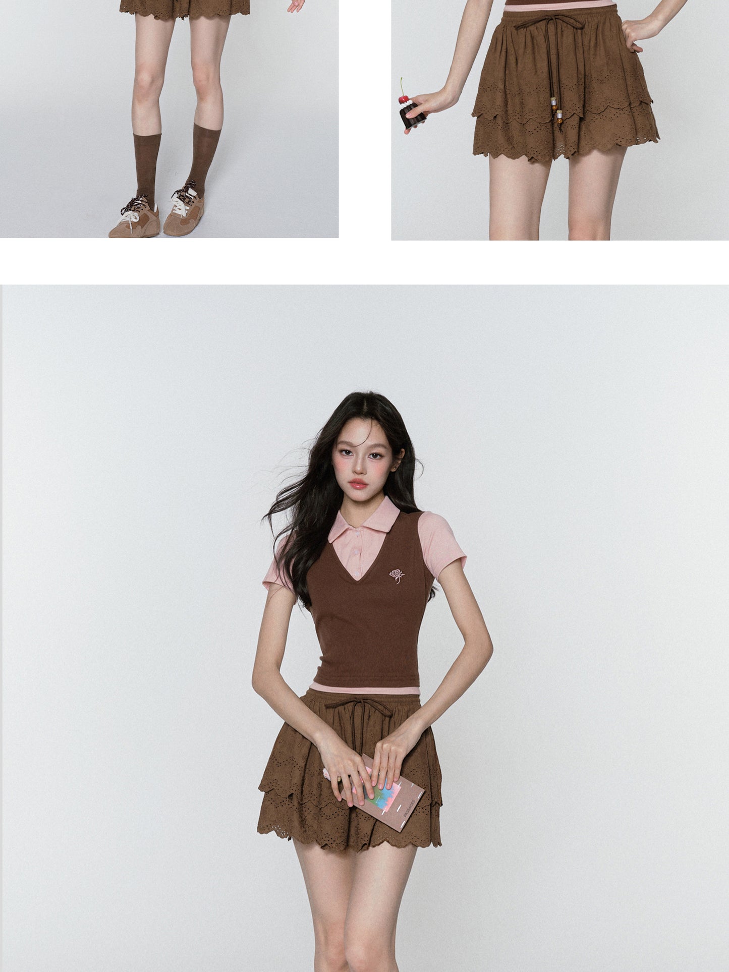 Rose-Embroidered Layered-Look Polo Shirt