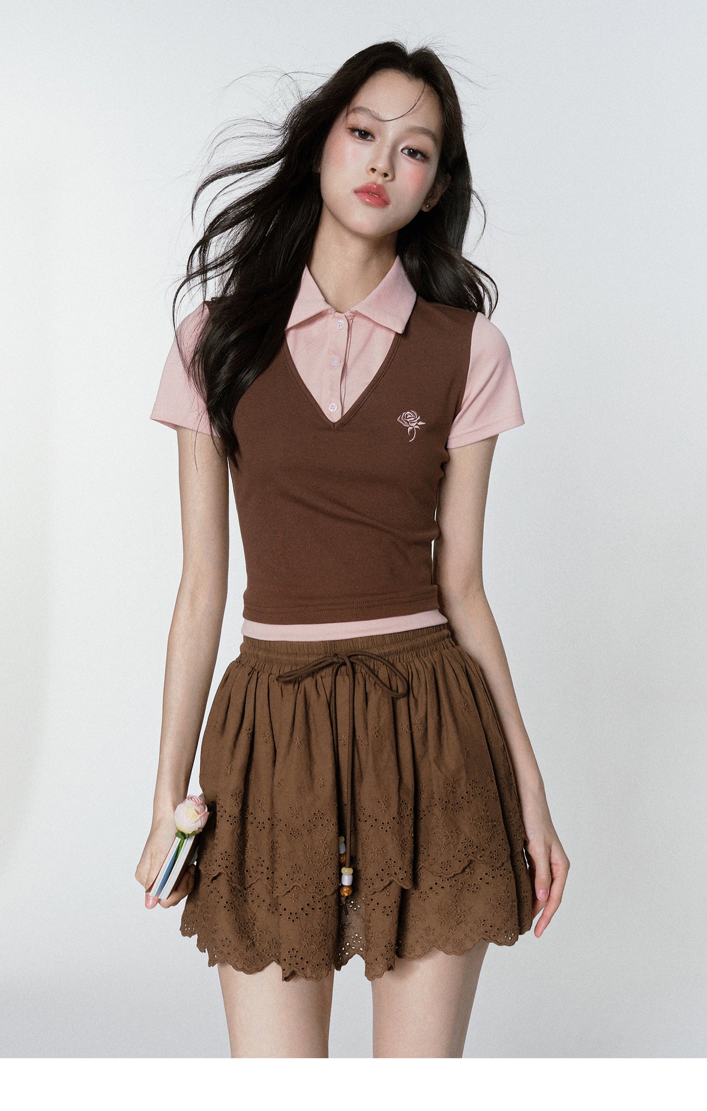 Rose-Embroidered Layered-Look Polo Shirt