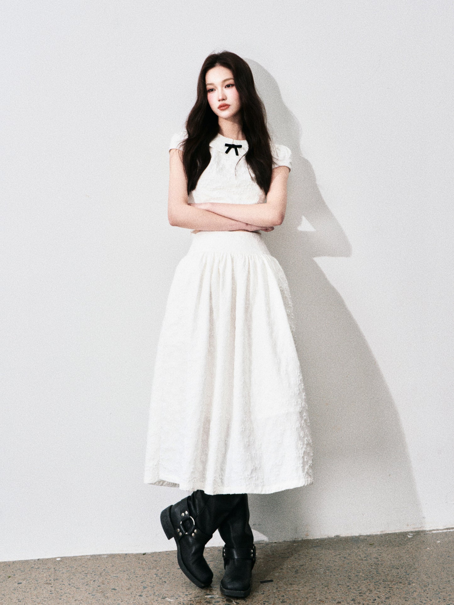 Floral Jacquard Cropped Blouse & Flared Skirt