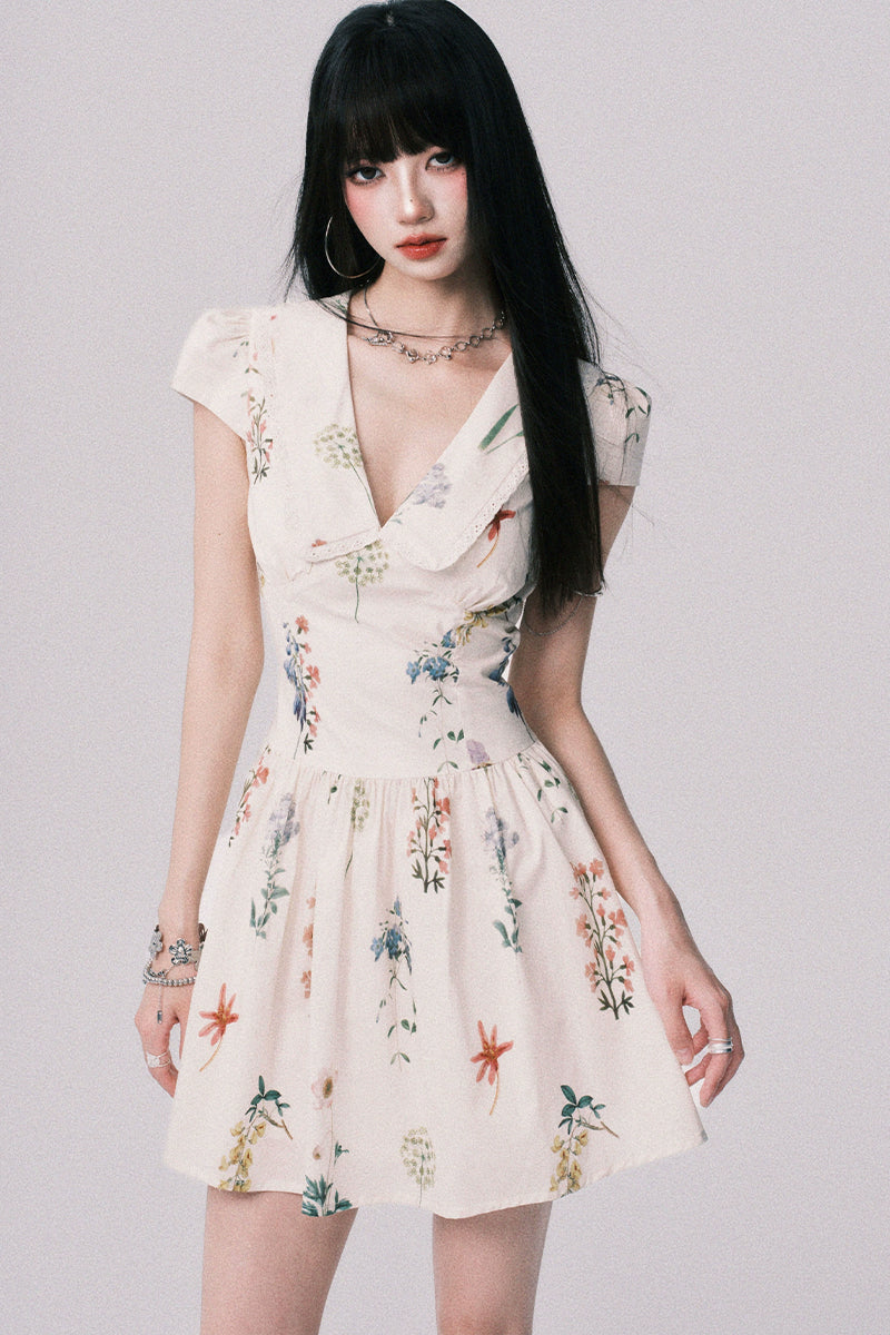 Doll Collar Floral Dress In Pure Cotton