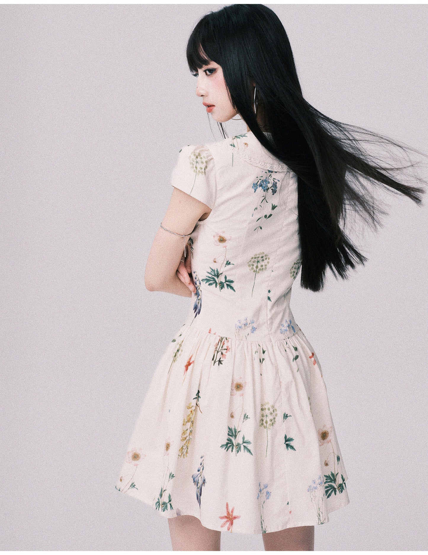 Doll Collar Floral Dress In Pure Cotton