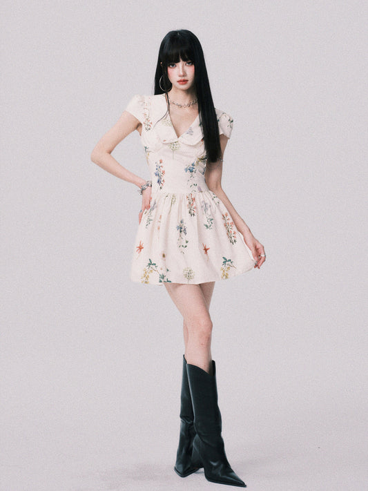 Doll Collar Floral Dress In Pure Cotton