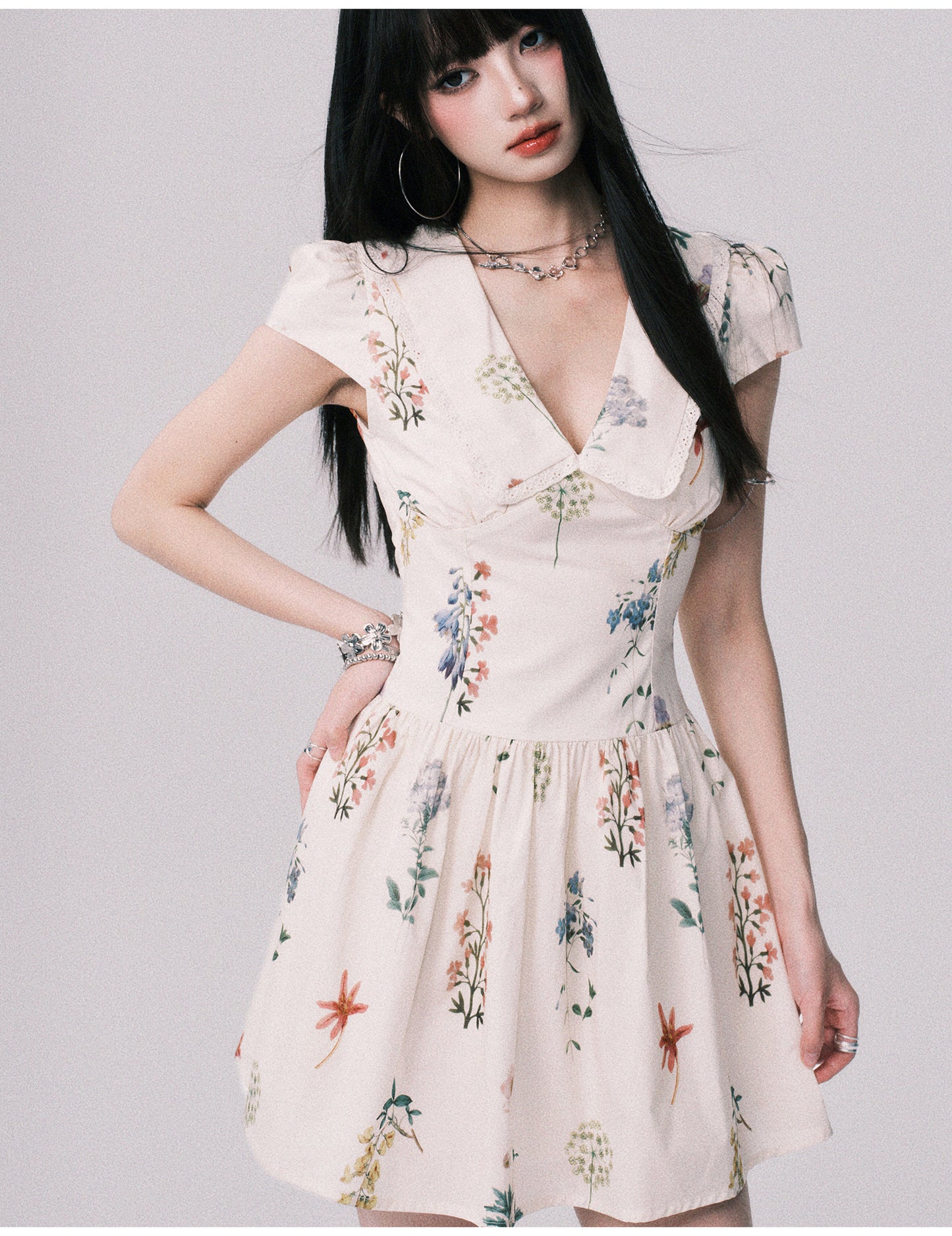 Doll Collar Floral Dress In Pure Cotton