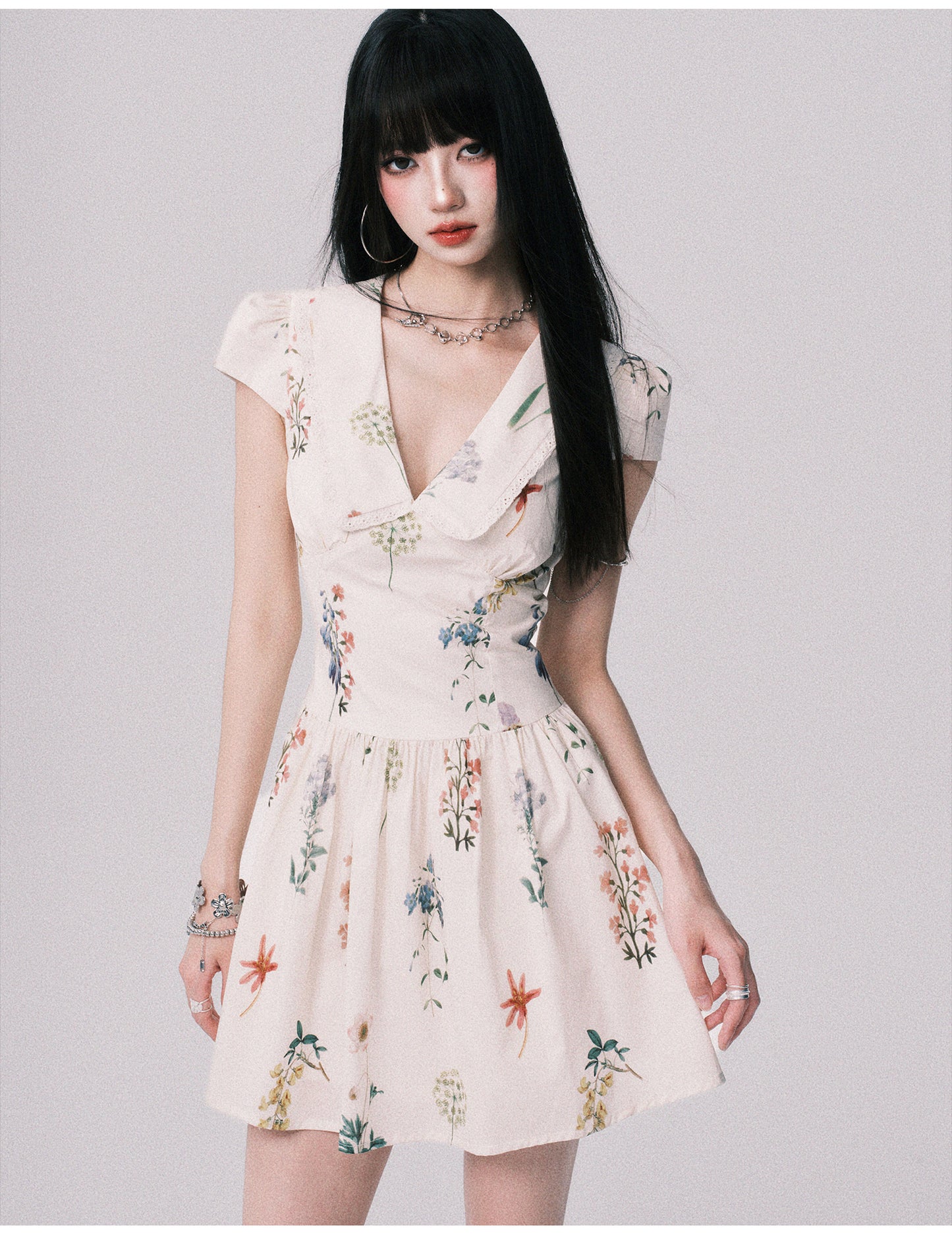 Doll Collar Floral Dress In Pure Cotton