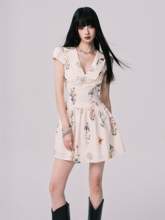 Doll Collar Floral Dress In Pure Cotton