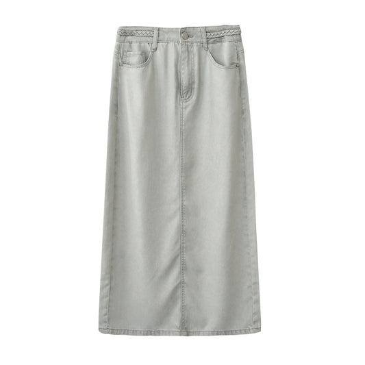 Braided-Waist Lyocell Denim Skirt With Back Slit