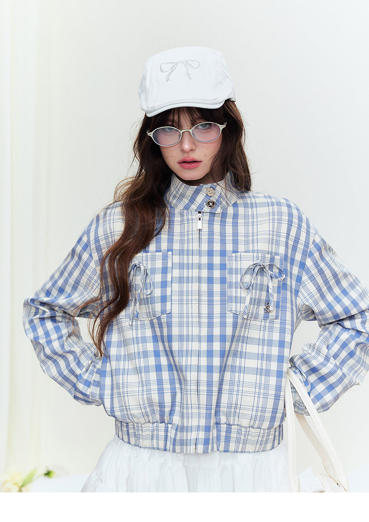 Stand Collar Plaid Jacket With Ribbon Pockets