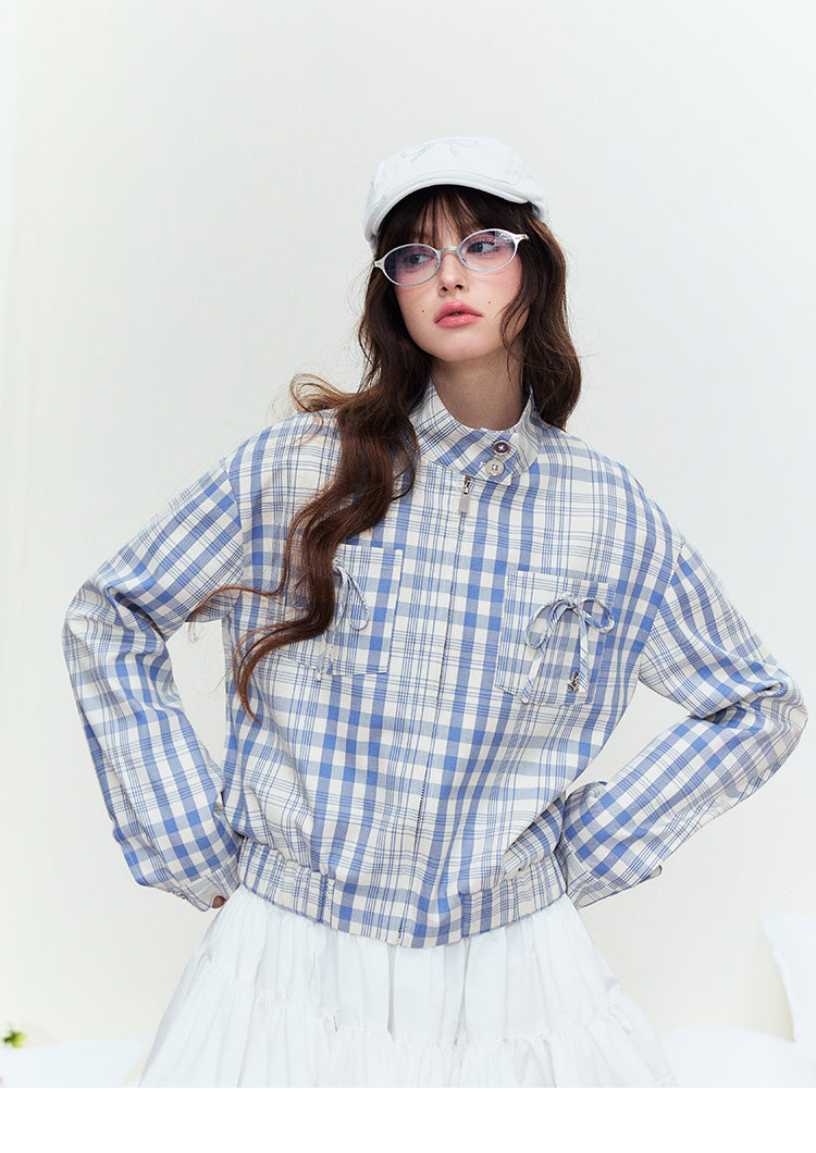 Stand Collar Plaid Jacket With Ribbon Pockets