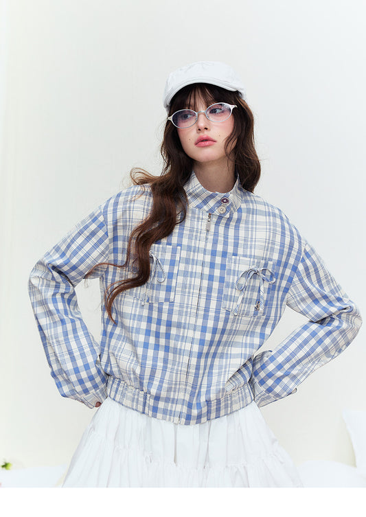 Stand Collar Plaid Jacket With Ribbon Pockets