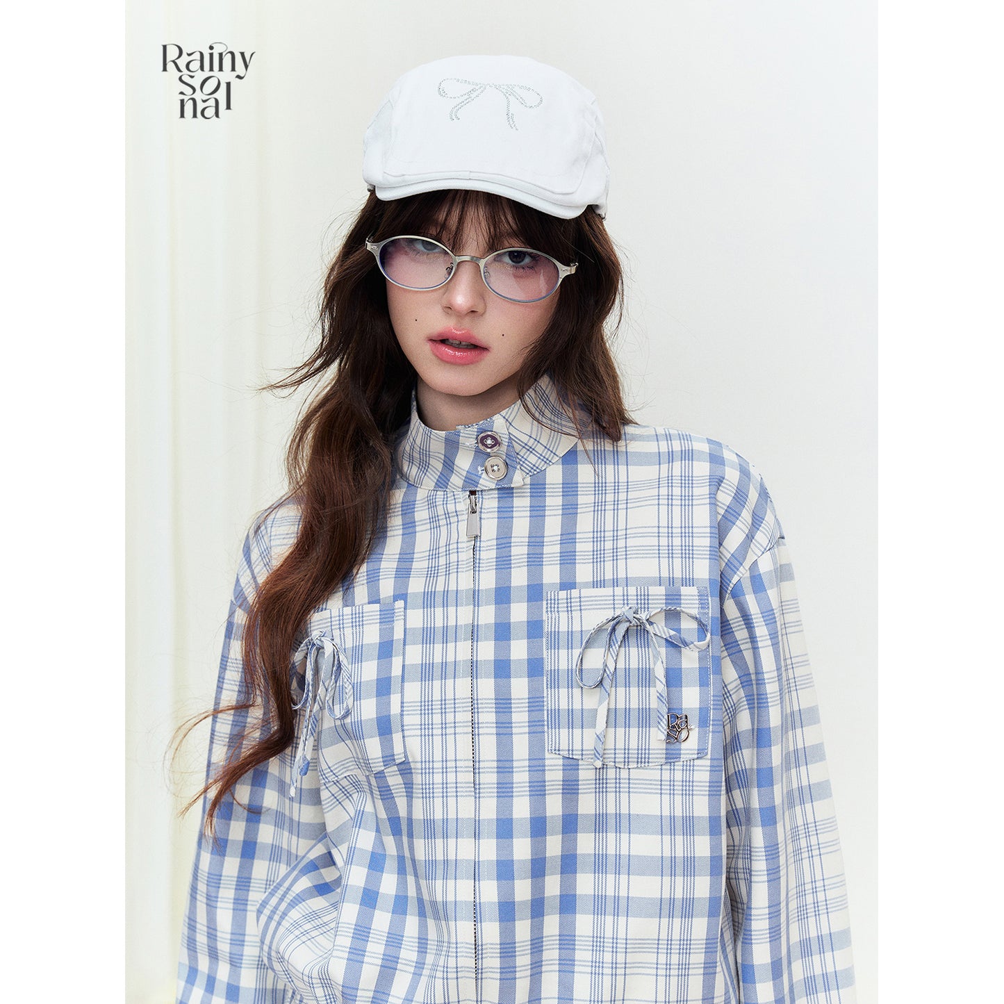 Stand Collar Plaid Jacket With Ribbon Pockets