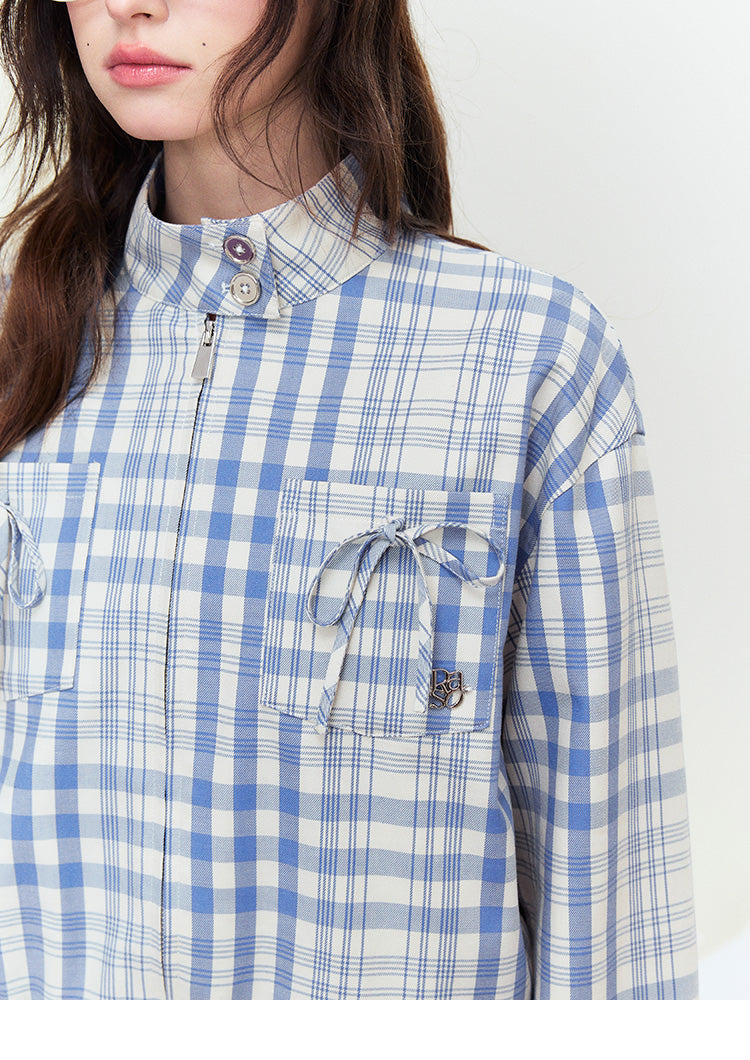Stand Collar Plaid Jacket With Ribbon Pockets