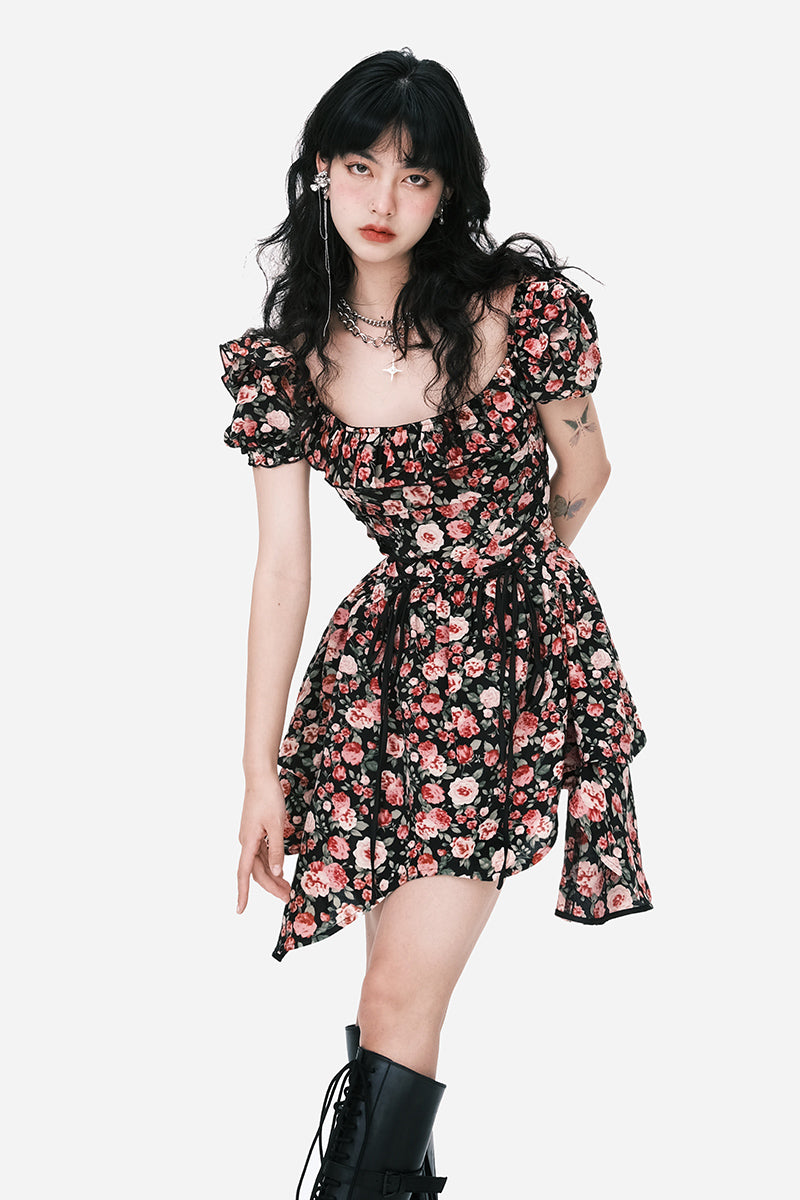 Puff Sleeve Asymmetrical Hem Corset Rose Dress