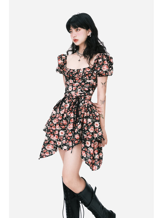 Puff Sleeve Asymmetrical Hem Corset Rose Dress