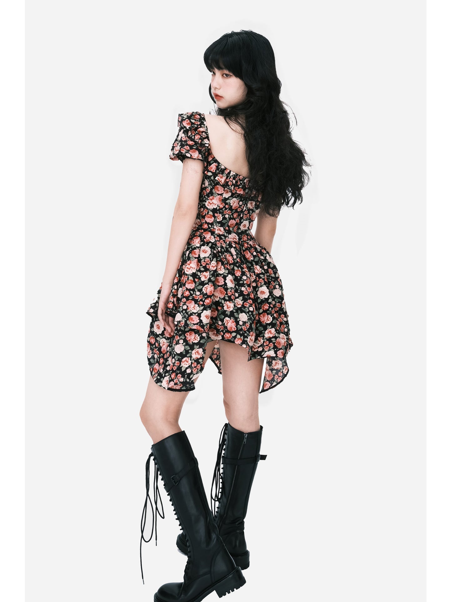 Puff Sleeve Asymmetrical Hem Corset Rose Dress