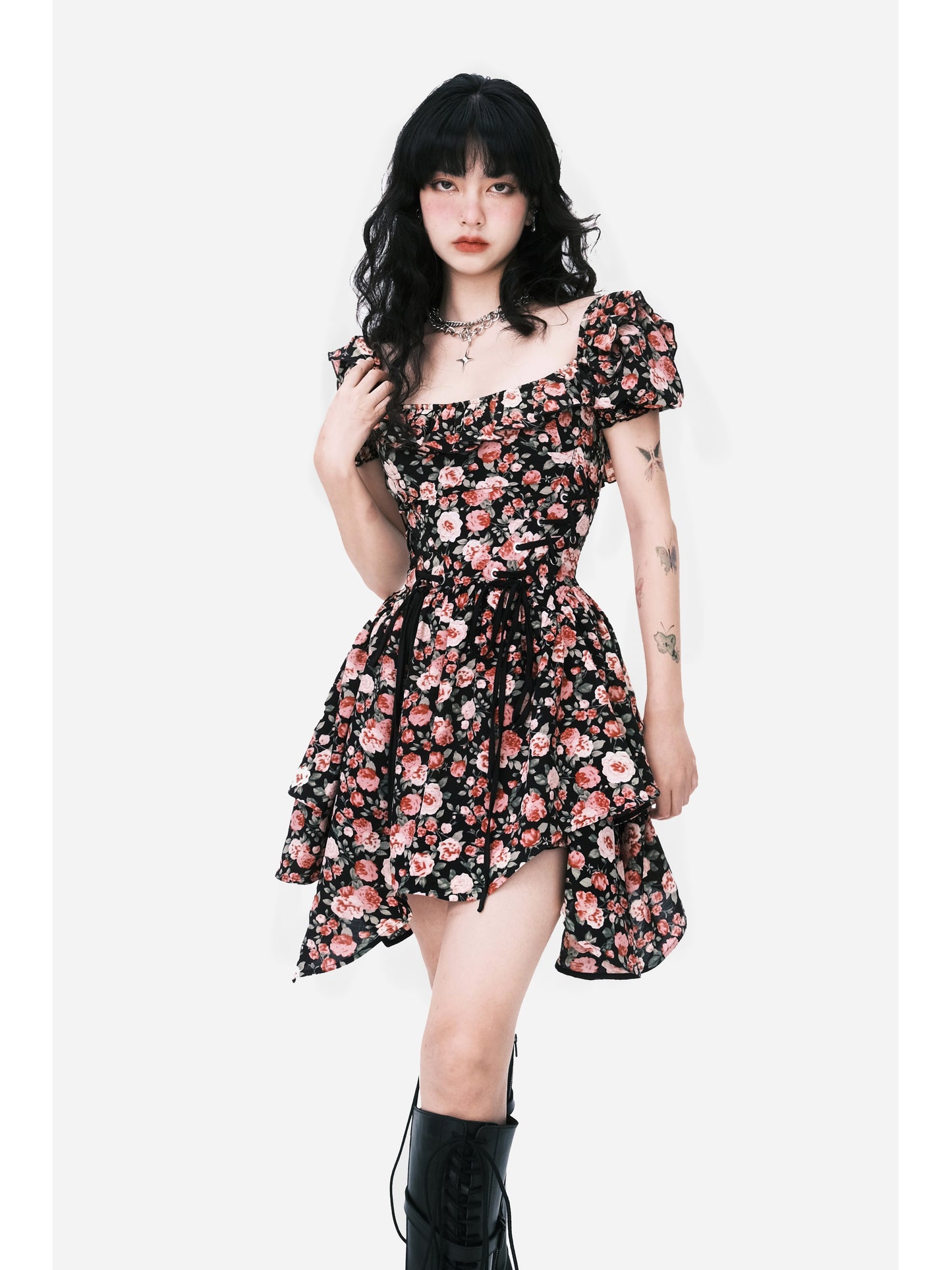 Puff Sleeve Asymmetrical Hem Corset Rose Dress