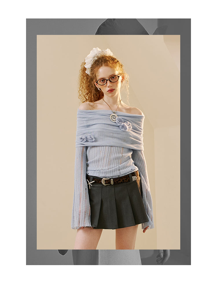 Distressed Off-Shoulder Floral Knit