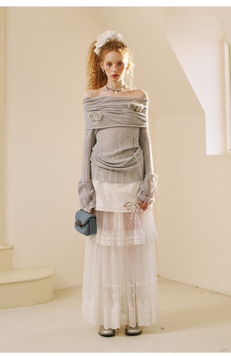 Distressed Off-Shoulder Floral Knit