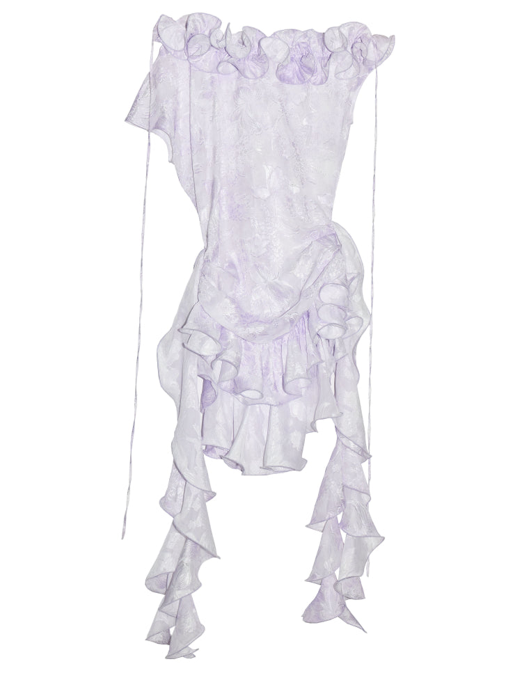 Ruffled Jacquard Sheer One-Shoulder Dress