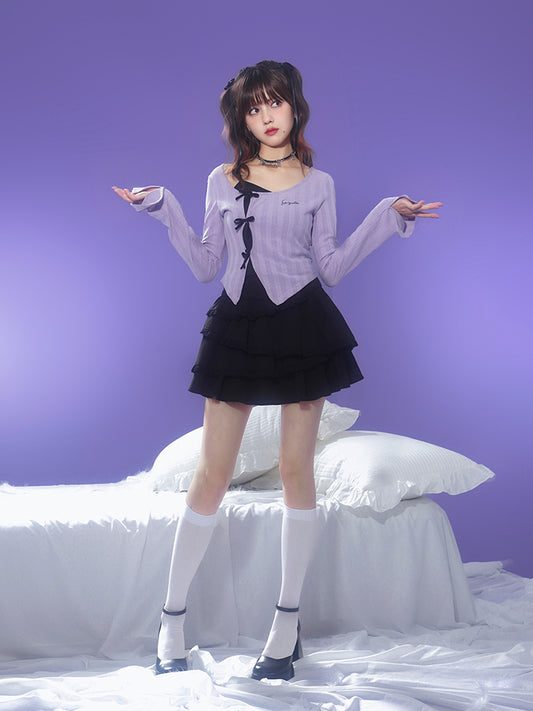 Faux Layered Knit Top With Front Tie And Pointed Hem